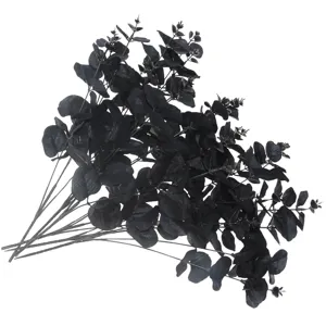 Close-up detail shot of black artificial eucalyptus leaves bundle, perfect for Halloween party decor.