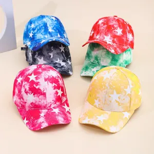 Tie-dye baseball caps with white star print, casual gradient sun hats for men and women.