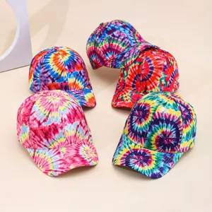 Detailed view of colorful tie-dye baseball caps showcasing vibrant patterns and sun protection.