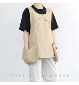 Tablier de style gilet kaki avec design à plusieurs poches pour travail de cuisine et café