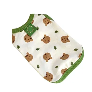 Cute cartoon bear print pet dog vest breathable summer puppy cat clothes green trim apparel