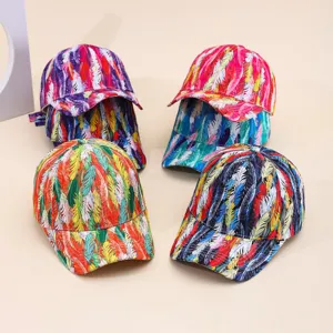 Detailed view of colorful feather print baseball hat, tie-dye graffiti design for daily sun protection.