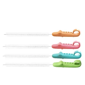Silicone handle straw cleaning brush set, cute crocodile design for baby bottles, 4 pcs.