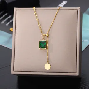 Gold-plated green gemstone pendant necklace, elegant multi-layer chain jewelry for women.