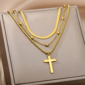 Elegant multi-layer gold chain necklace with cross pendant for women fashion layered jewelry