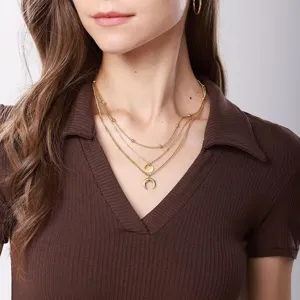 Gold multi-layer crescent moon coin pendant necklace elegant clavicle chain jewelry detail view