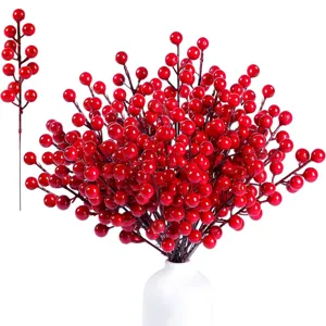 Artificial Pine Needle Branches Christmas Red Berry Stems Fake Floral Home Wedding Party Festive Decorative Supplies