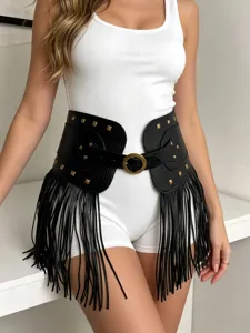 Wide black leather fringe waist belt with metal studs and round buckle for women stylish.
