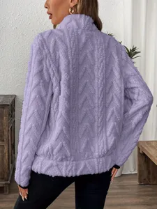 Detail view of the purple fuzzy half-zip cable-knit sweatshirt, showcasing back texture.