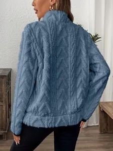 Women's blue half zipper plush fleece sweatshirt winter casual jacquard pullover top