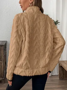 Casual women's khaki fleece half zip jacquard sweater with lapel for autumn winter.