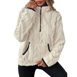 Women Quarter Zip Fleece Pullover Fluffy Sherpa Sweatshirt Casual Winter Warm Pocket Top