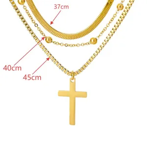 Multi-layer gold chain necklace with cross pendant, adjustable layered clavicle chain jewelry.
