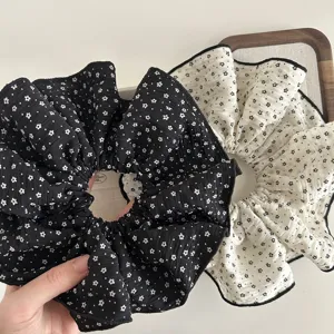 Korean style floral large hair scrunchies set, elegant black and white fabric hair ties for women.