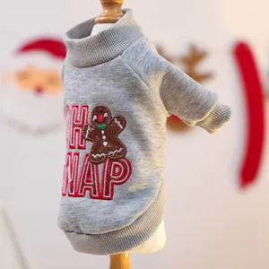 Grey pet sweater with gingerbread man embroidery and text for small dogs, stylish winter wear.