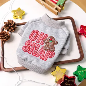 Cute Christmas pet sweatshirt for small dogs, grey crewneck with gingerbread man embroidery.