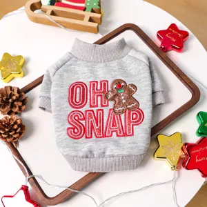 Cute Christmas pet sweater for small dogs, grey knit crewneck with gingerbread man.