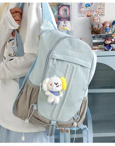 Korean style casual school backpack with cute puppy pendant for students daily use.