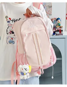 Cute pink college style backpack detail, large capacity canvas school bag for students.