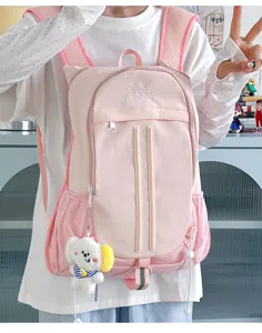 Cute pink college style backpack with large capacity, perfect for daily school and casual use.