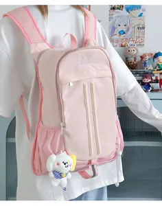 Detailed view of the cute pink college style backpack featuring large capacity and sweet design.
