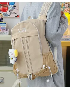 Casual canvas backpack for college students, cute college style large capacity daypack beige.
