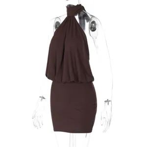 Detailed view of dark brown halter sleeveless backless bodycon mini dress showing exquisite cut.