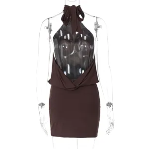 Detail view of the brown halter neck backless bodycon mini dress showcasing the straps.