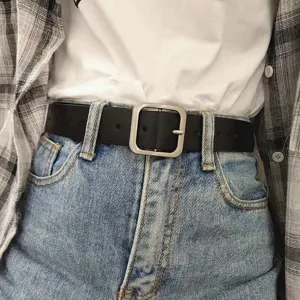 Classic black leather belt with silver square buckle detail for women everyday wear