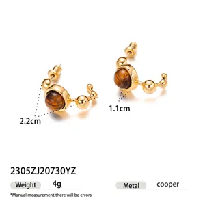 Boucles d'oreilles clous œil de tigre naturel vintage, bijoux design planète métal or.