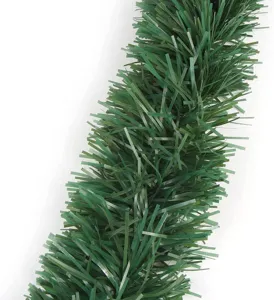 Detailed close-up of green tinsel garland needles, perfect for Christmas tree decoration.