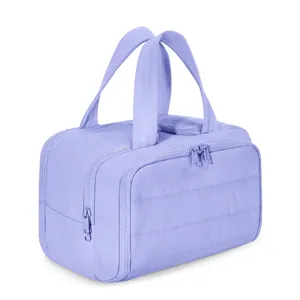 Lavender Quilted Makeup Bag Large Capacity Travel Toiletry Organizer Handbag Pouch