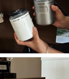 Mini stainless steel vacuum coffee cup portable dual drink travel mug with strap white silver