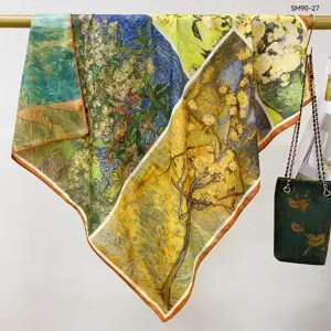 Detail van Van Gogh kunst geprinte zijde wol vierkante sjaal elegante satijnen damesdoek.