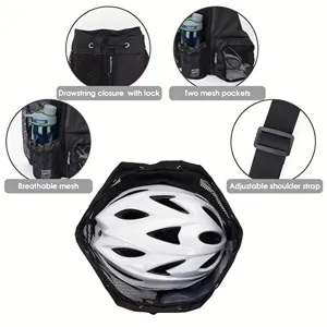 Black outdoor sports drawstring backpack with breathable mesh, large capacity and adjustable straps.