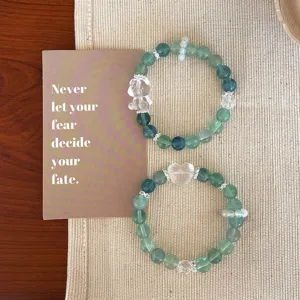 Sweet Fresh Green Fluorite Beaded Bracelet With Clear Crystal Bear Heart Pendant Natural Stone Strand Bracelet For Women Friend Gift Jewelry