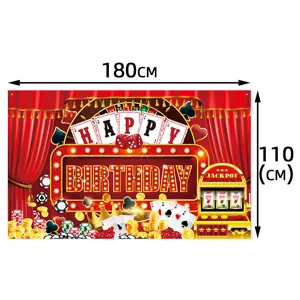 Casino theme birthday party backdrop banner, poker and slot machine decoration details.