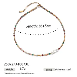 Chic multi-color natural stone and irregular pearl titanium steel necklace for women 36+5cm