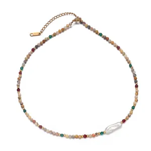Titanium Steel Natural Stone Artificial Pearl Necklace European Fashion Layered Sweater Chain For Women Elegant Jewelry Accessory