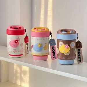 Cute ceramic inner lining thermos cup portable mini dual drink coffee cup with cute cartoon design.