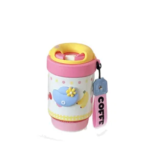 Portable insulated coffee mug with cute cartoon pattern, double-drink lid and strap.
