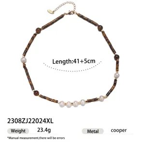 Elegant copper 18k gold plated pearl necklace vintage choker sweater chain for women stylish jewelry