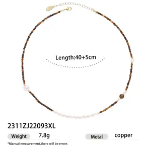 Elegant retro copper 18k gold plated pearl necklace with brown beaded details for women.
