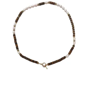 Vintage 18K Gold Plated Copper Necklace Elegant Artificial Pearl Tiger Eye Stone Beaded Sweater Chain Layered Fashion Jewelry For Women