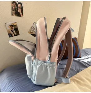 Detail view of the cute pastel pink and blue student backpack with multi-pocket storage.