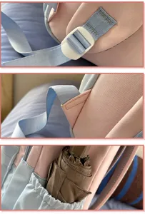 Detailed view of the student school bag showing buckle, strap stitching, and side pocket.