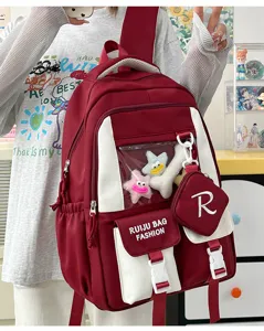 Red and white student backpack, large capacity canvas school bag with clear window and cute pouch.