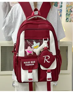 Dark red white ita backpack with clear window, star charms and letter R pouch for school daily.