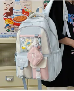 Cute multi-pocket pastel ita backpack with transparent window and cute charms for daily use.
