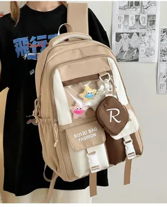 Large capacity aesthetic student backpack with cute transparent ita pocket and charms.